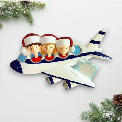 Personalized Vacation Family of 3 Christmas Ornament featuring a family in an airplane, customizable with names and year.