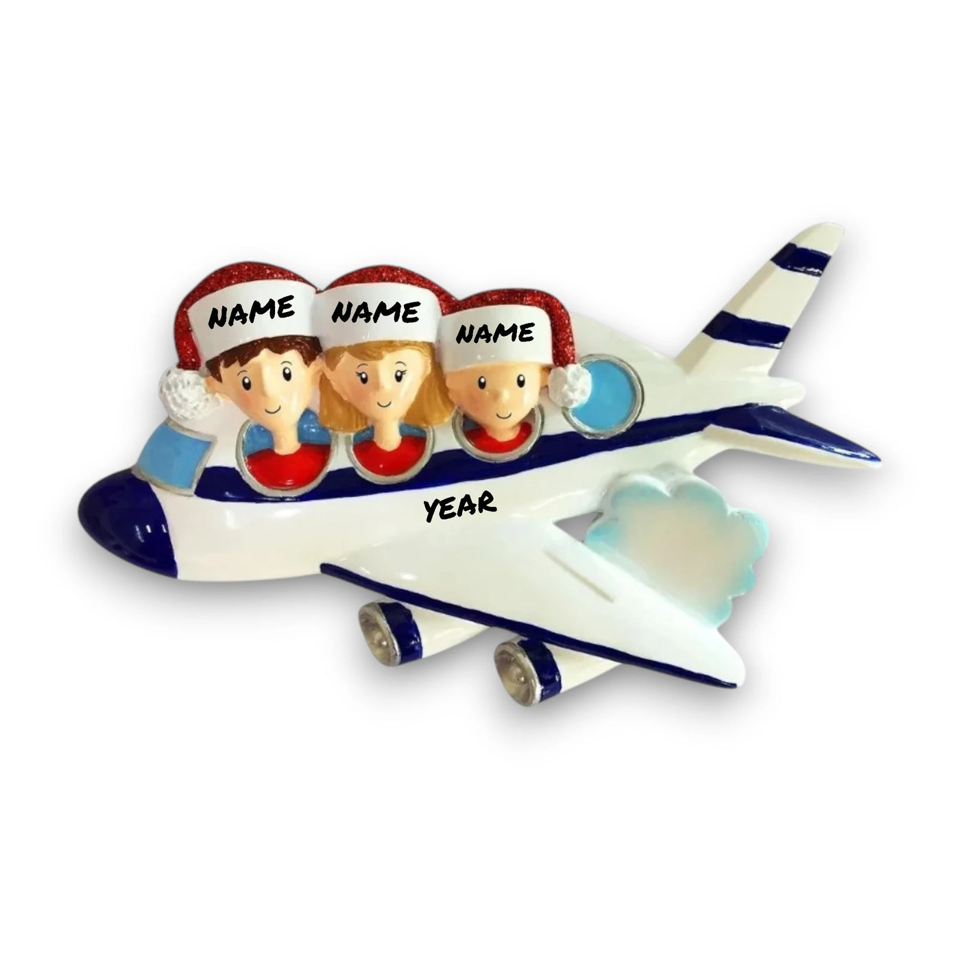 Personalized Vacation Family of 3 Christmas Ornament featuring a family in an airplane, customizable with names and year.