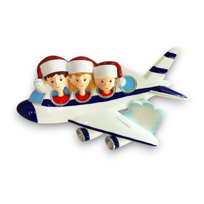 Personalized Vacation Family of 3 Christmas Ornament featuring a family in an airplane, customizable with names and year.