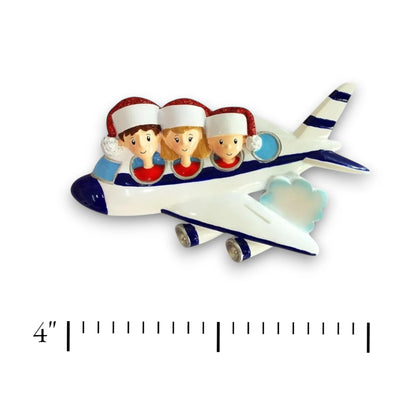 Personalized Vacation Family of 3 Christmas Ornament featuring a family in an airplane, customizable with names and year.