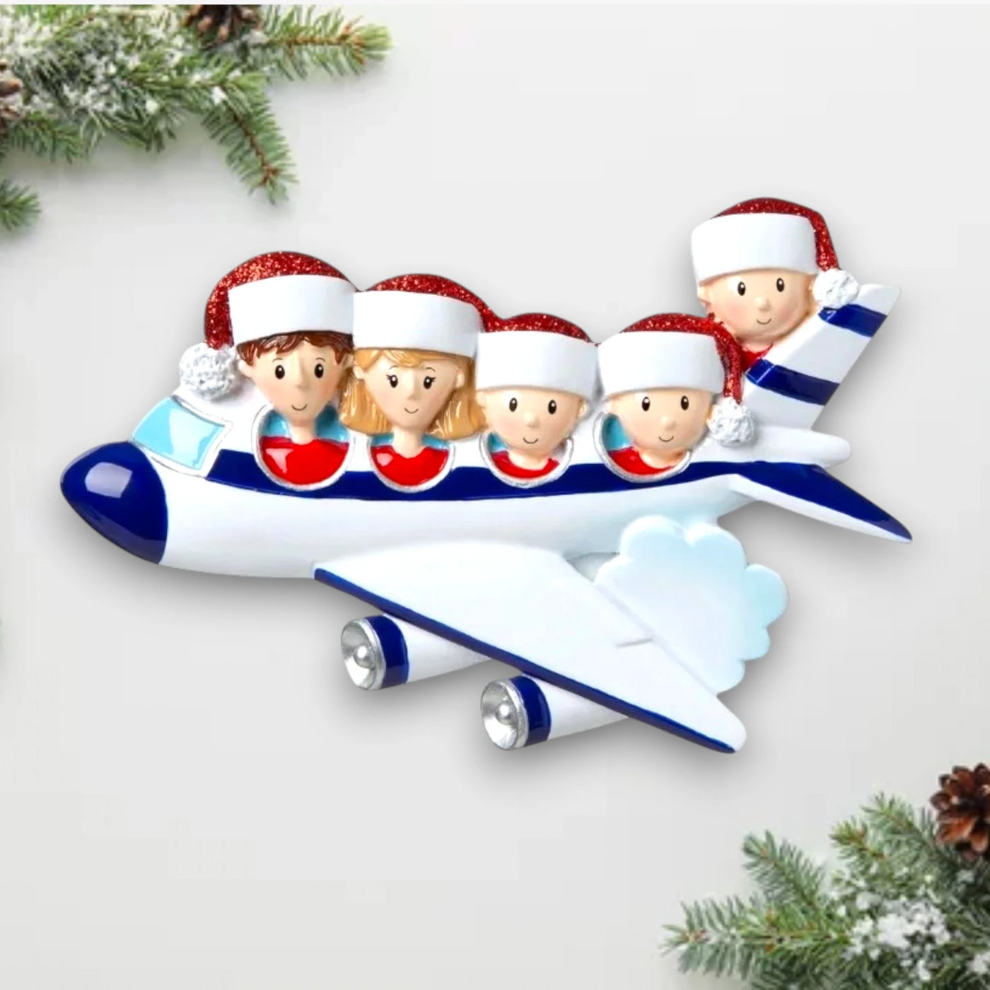 Personalized Family of 5 Vacation Christmas Ornament featuring five family members in an airplane with Santa hats.