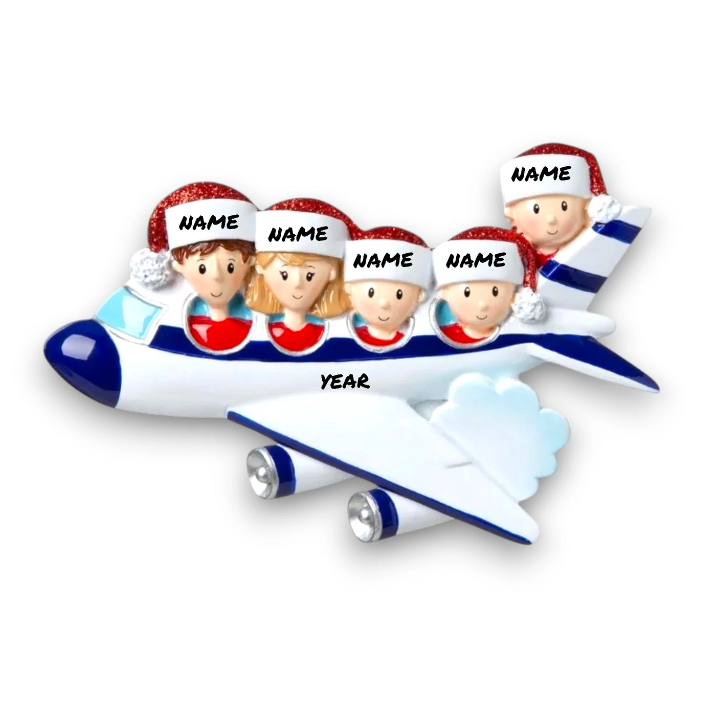 Personalized Family of 5 Vacation Christmas Ornament featuring five family members in an airplane with Santa hats.