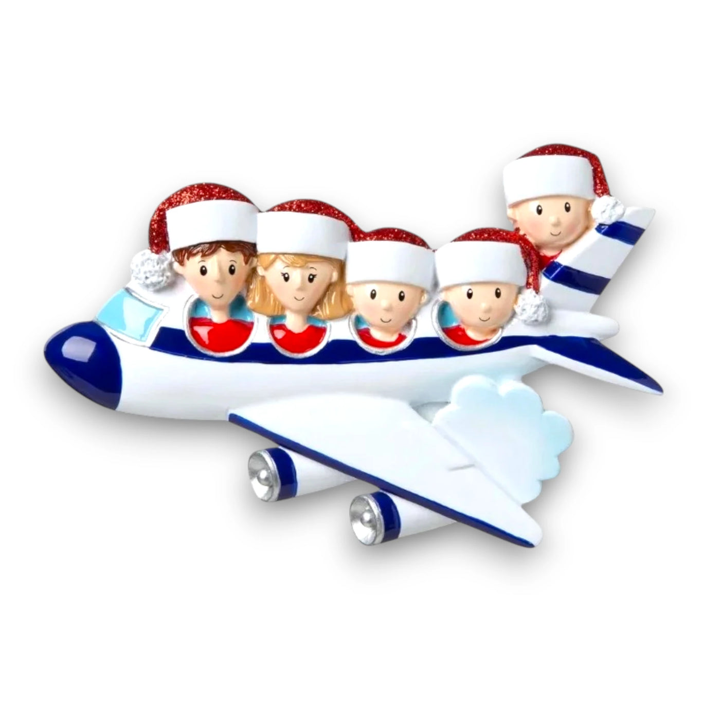 Personalized Family of 5 Vacation Christmas Ornament featuring five family members in an airplane with Santa hats.