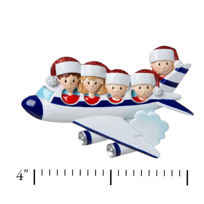 Personalized Family of 5 Vacation Christmas Ornament featuring five family members in an airplane with Santa hats.