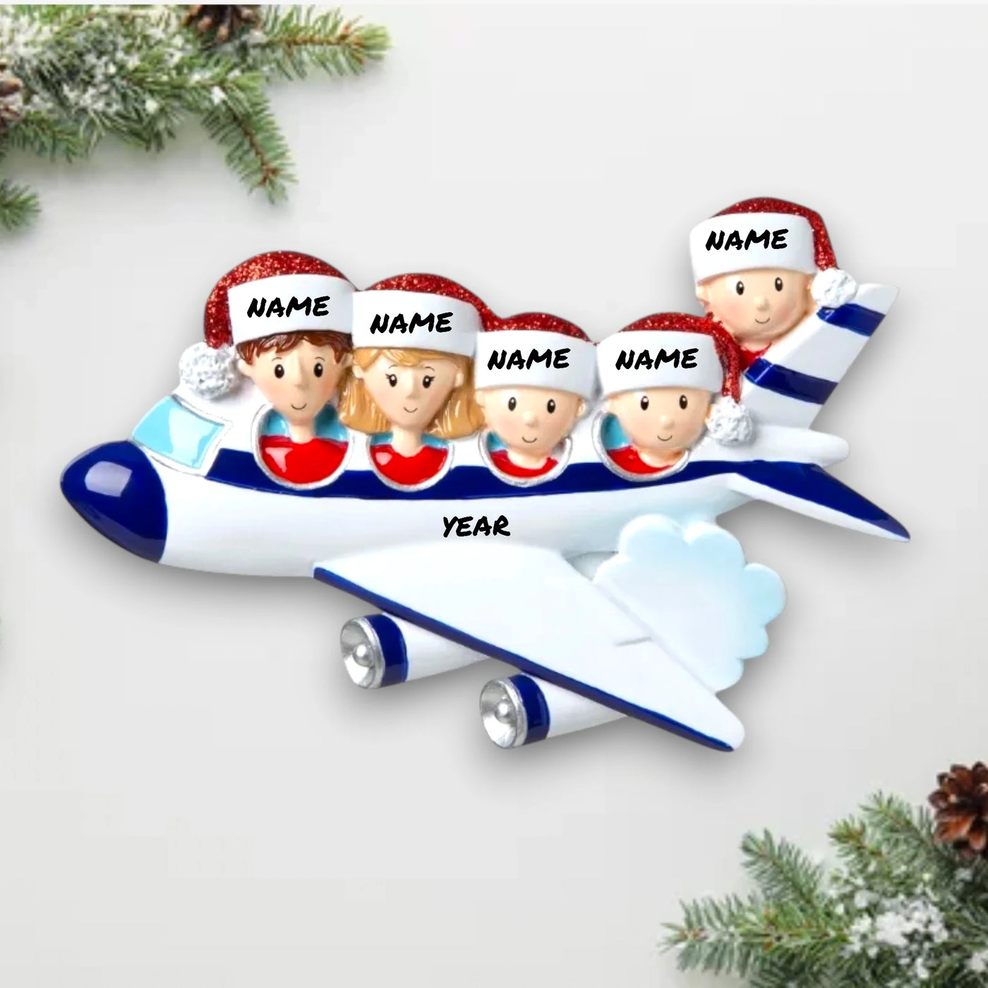 Personalized Family of 5 Vacation Christmas Ornament featuring five family members in an airplane with Santa hats.