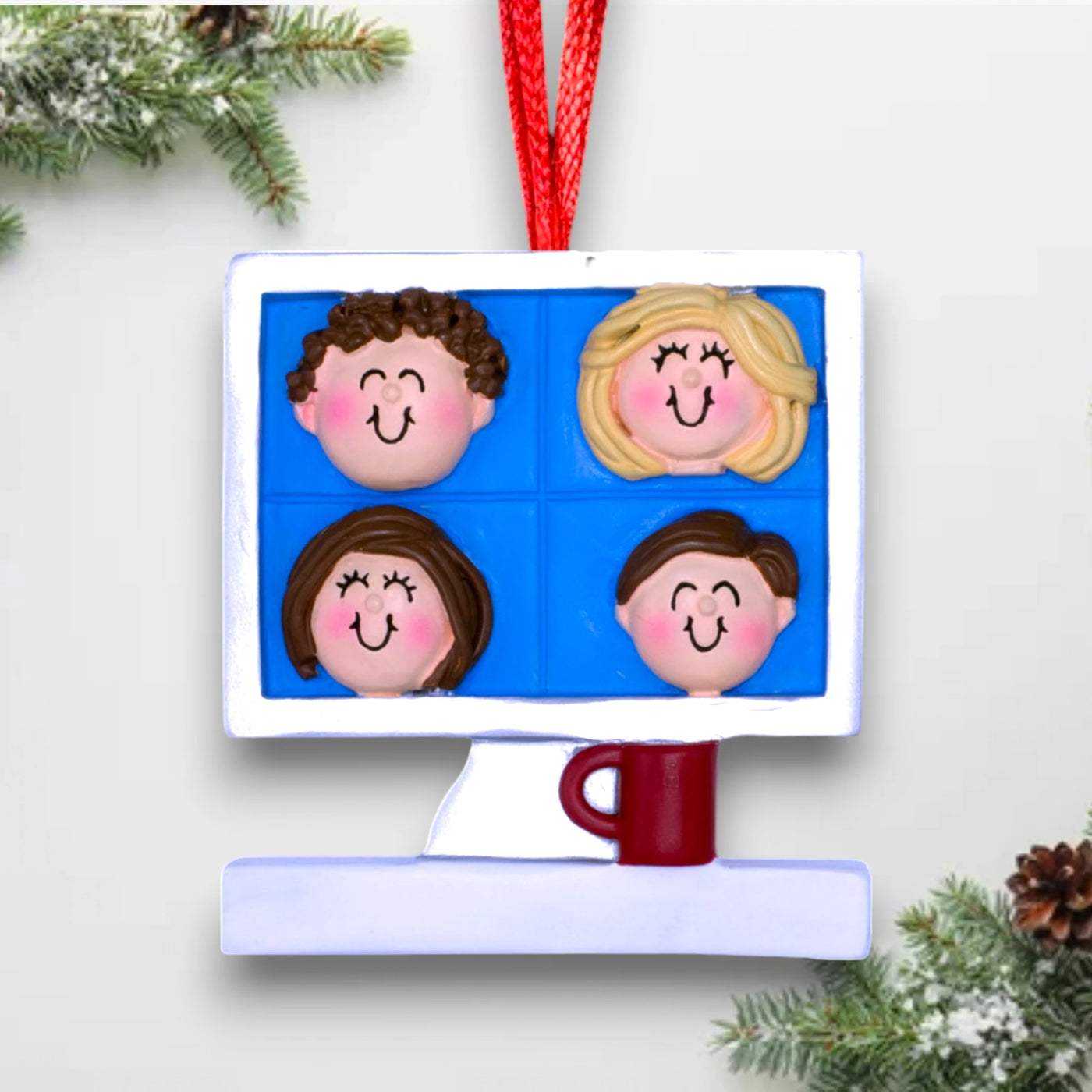 Personalized Video Meeting Christmas Ornament featuring four faces in a video call grid – Custom Name and Year Resin Ornament

