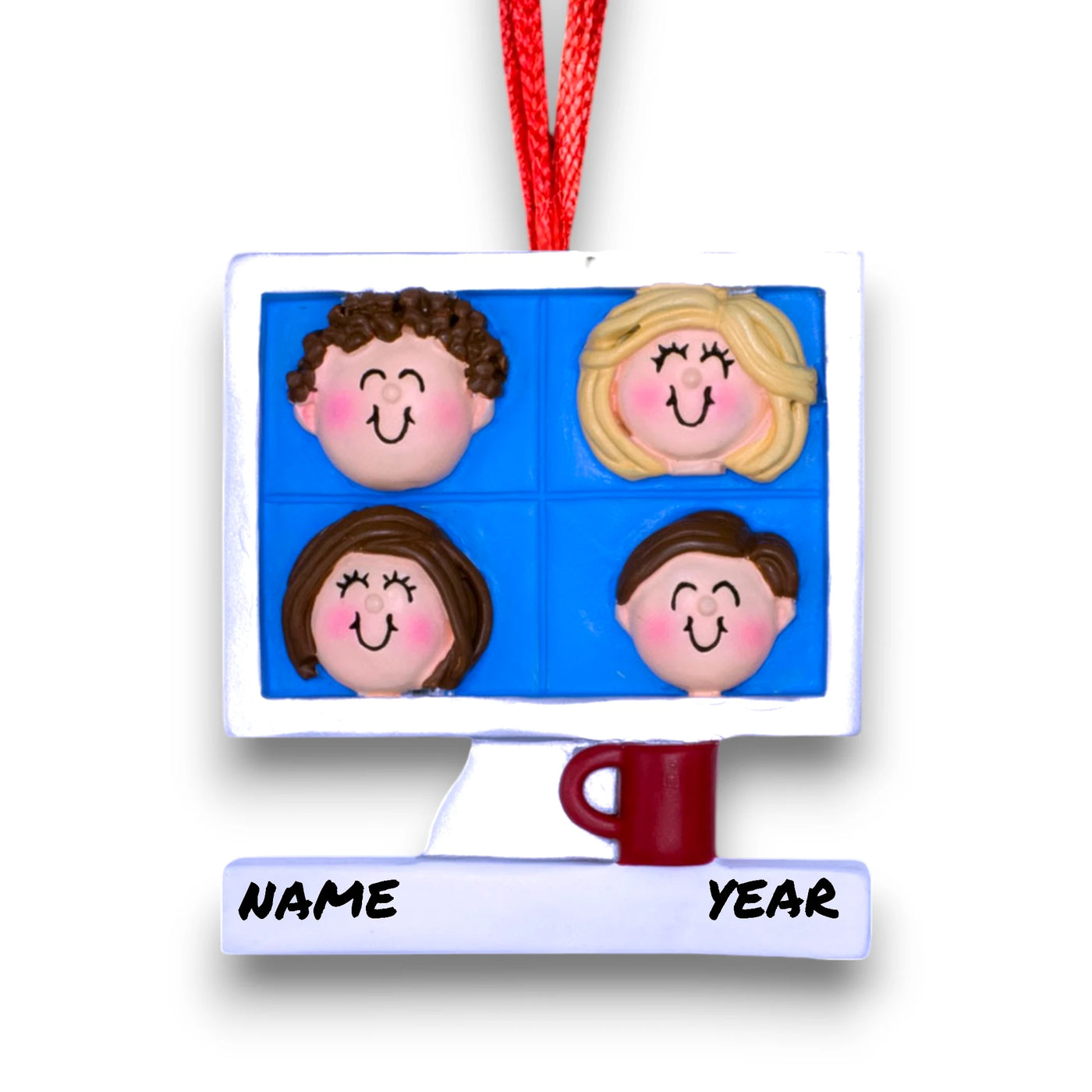 Personalized Video Meeting Christmas Ornament featuring four faces in a video call grid – Custom Name and Year Resin Ornament

