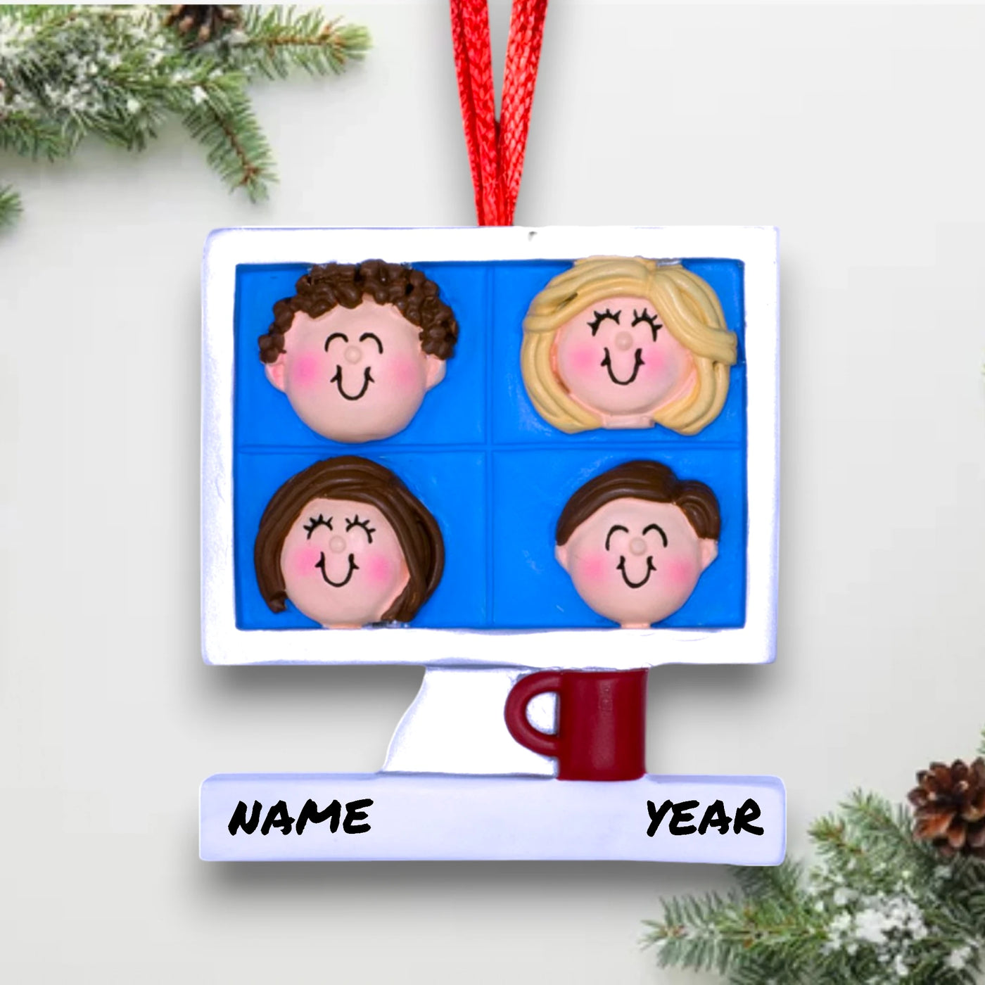 Personalized Video Meeting Christmas Ornament featuring four faces in a video call grid – Custom Name and Year Resin Ornament