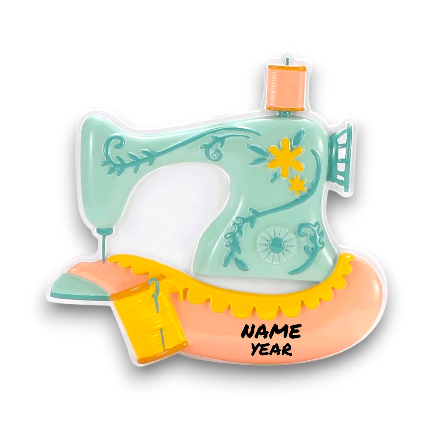 Personalized Vintage Sewing Machine Christmas Ornament with customizable name and year, featuring a retro-style sewing machine design.
