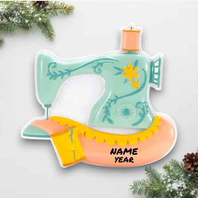 Personalized Vintage Sewing Machine Christmas Ornament with customizable name and year, featuring a retro-style sewing machine design.