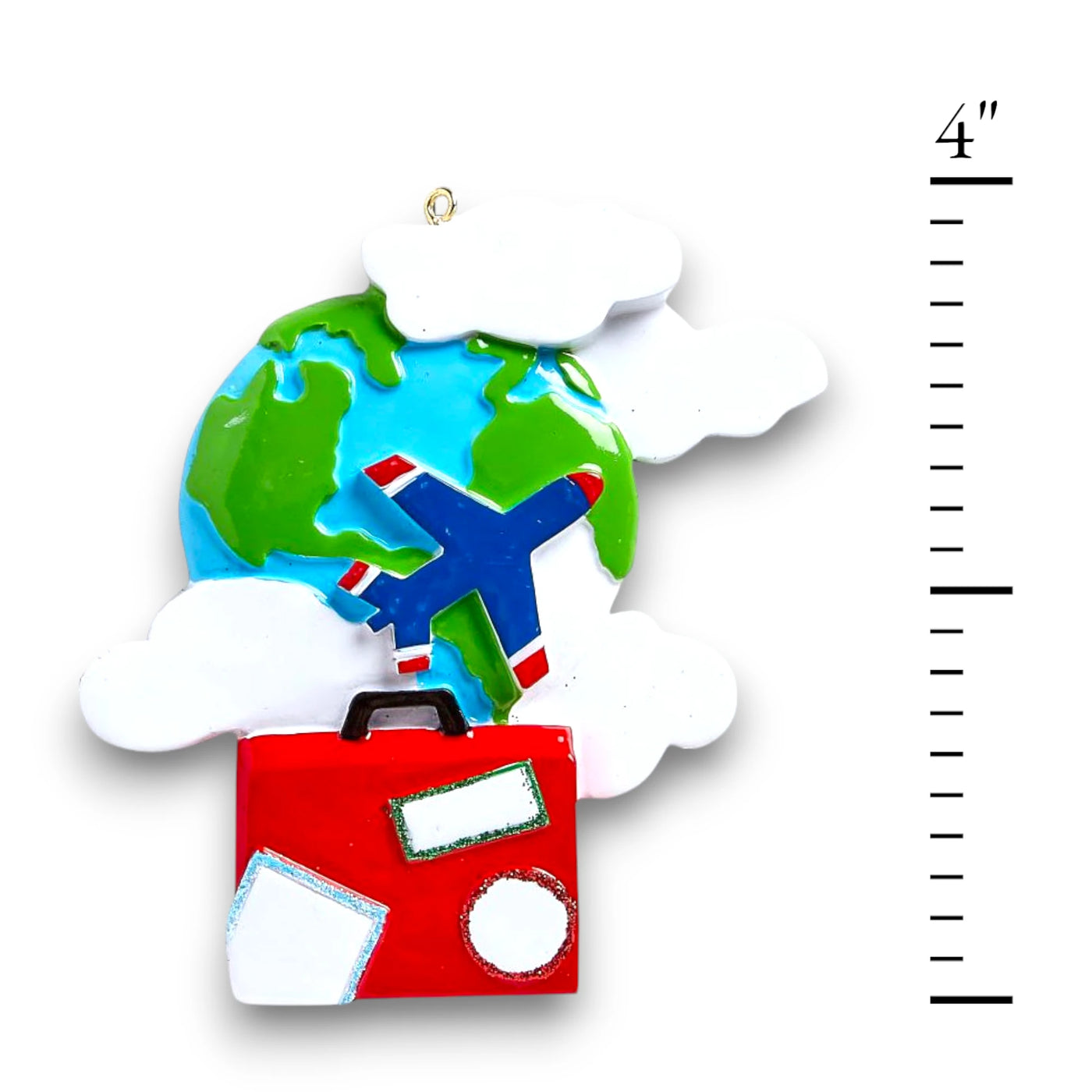 Personalized World Travelers Christmas Ornament featuring a globe, airplane, suitcase, and customizable name, year, and message.