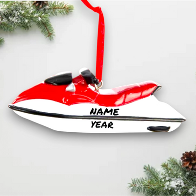 Personalized Watercraft Christmas Ornament featuring a red and white jet ski design, customizable with name and year.
