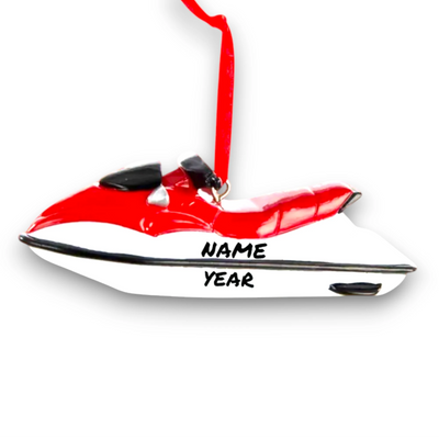 Personalized Watercraft Christmas Ornament featuring a red and white jet ski design, customizable with name and year.
