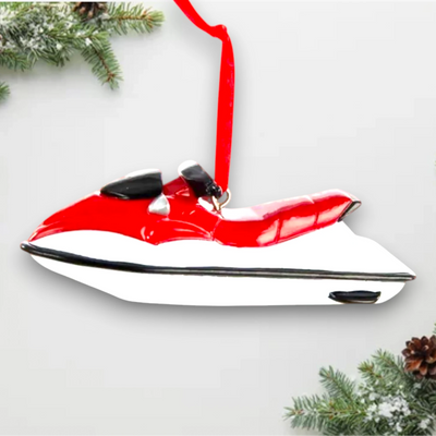 Personalized Watercraft Christmas Ornament featuring a red and white jet ski design, customizable with name and year.

