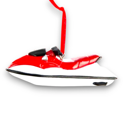 Personalized Watercraft Christmas Ornament featuring a red and white jet ski design, customizable with name and year.
