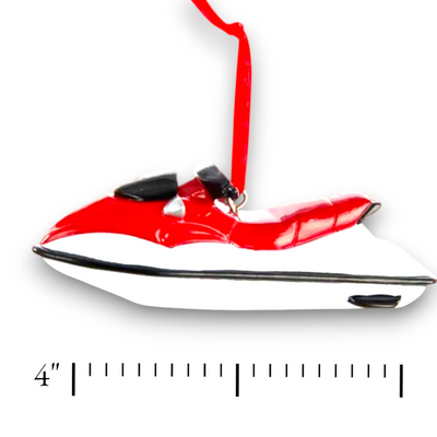 Personalized Watercraft Christmas Ornament featuring a red and white jet ski design, customizable with name and year.
