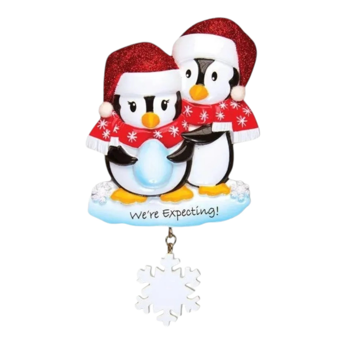  Personalized We're Expecting Penguins Christmas Ornament with customizable names and year, featuring two penguins dressed in festive holiday attire with a snowflake charm.