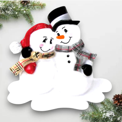 Personalized “We’re Expecting” holiday ornament with a snowman couple, cozy scarves, and customizable details.