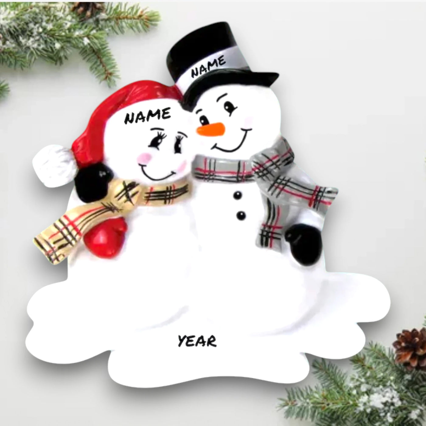 Personalized “We’re Expecting” holiday ornament with a snowman couple, cozy scarves, and customizable details.