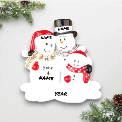 Personalized "We're Expecting" Christmas Ornament with one child, featuring a snowman family with customizable names and year.