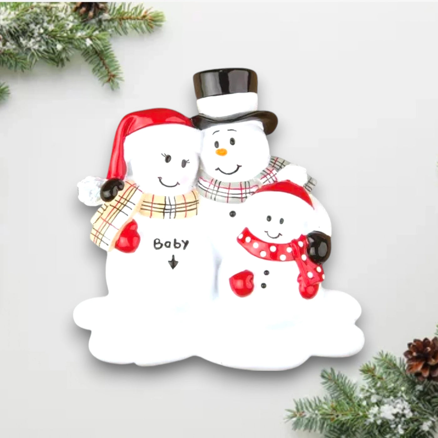 Personalized "We're Expecting" Christmas Ornament with one child, featuring a snowman family with customizable names and year.