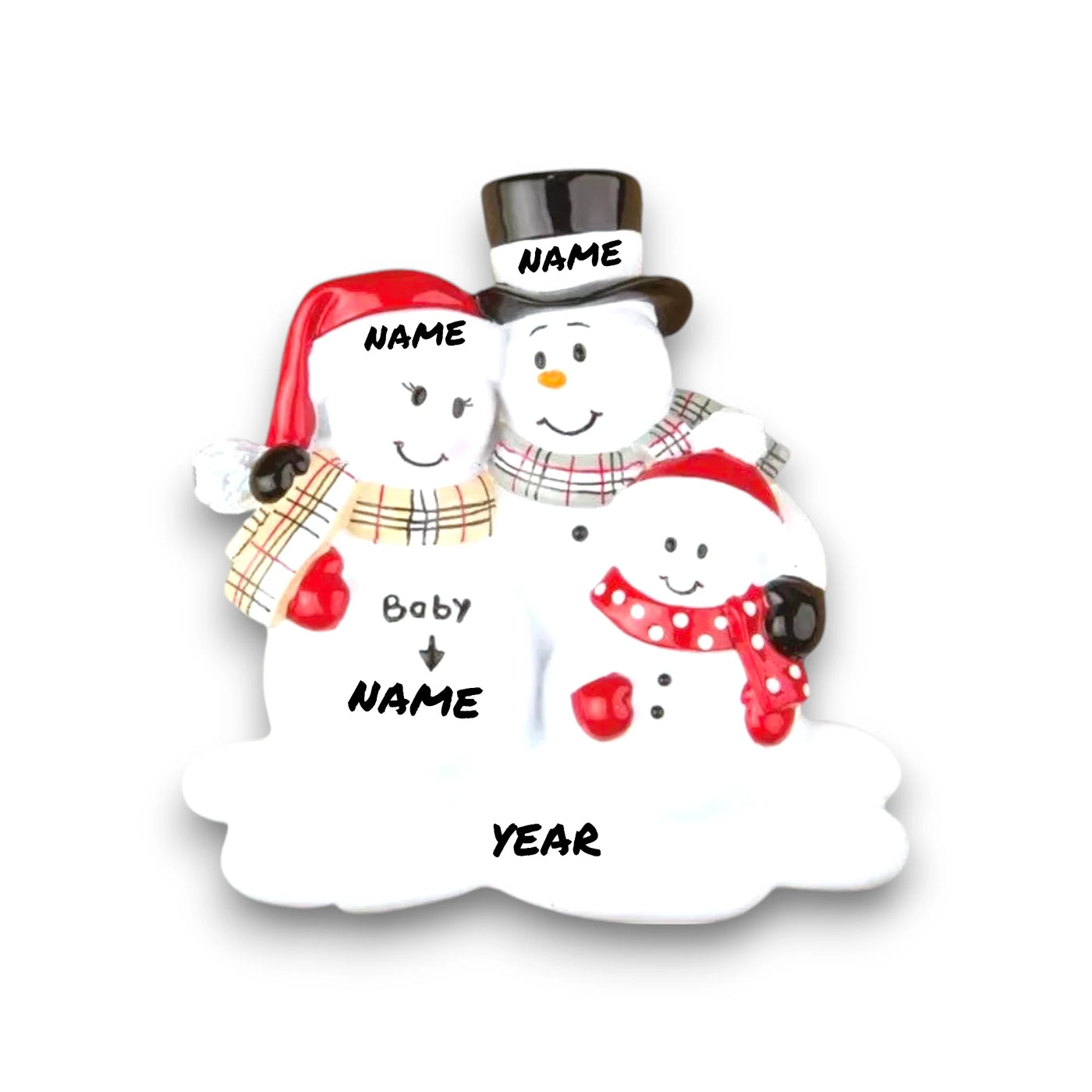 Personalized "We're Expecting" Christmas Ornament with one child, featuring a snowman family with customizable names and year.