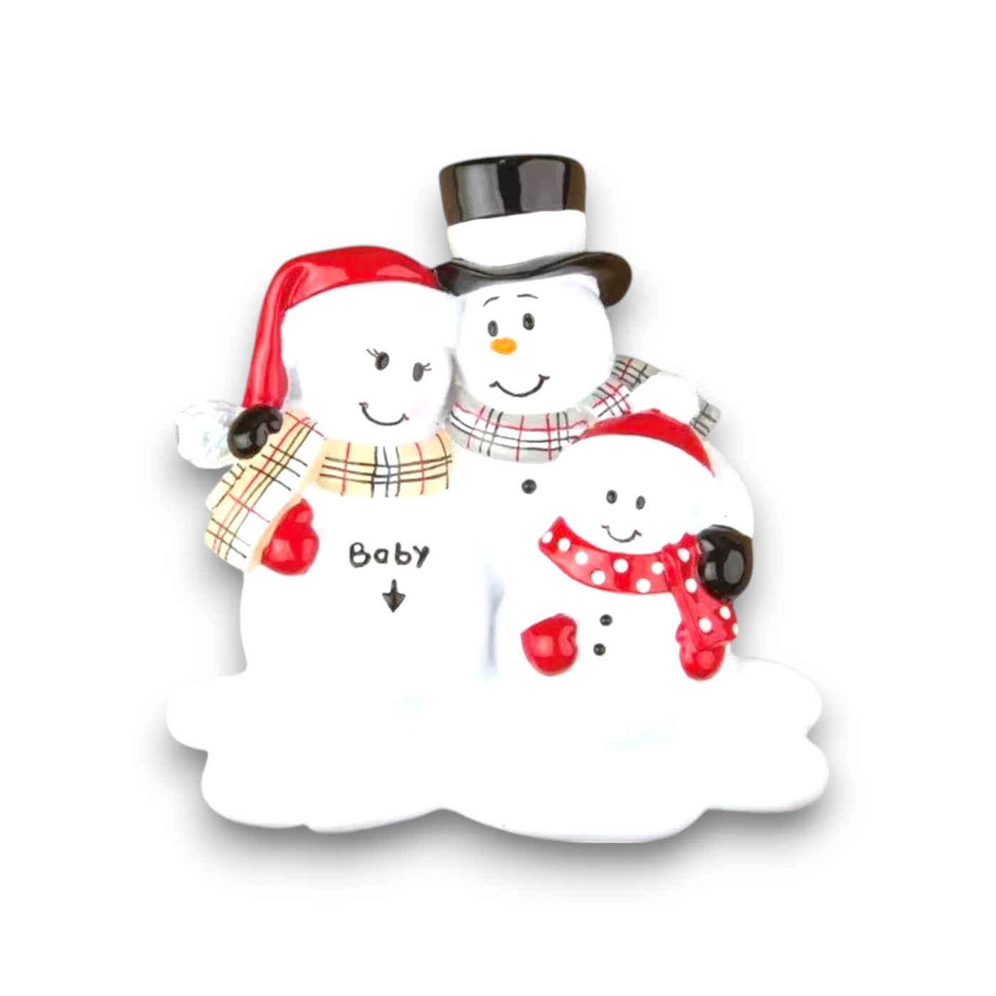 Personalized "We're Expecting" Christmas Ornament with one child, featuring a snowman family with customizable names and year.