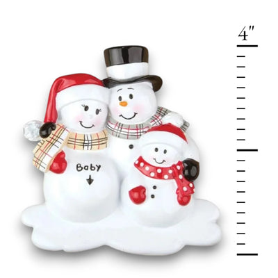 Personalized "We're Expecting" Christmas Ornament with one child, featuring a snowman family with customizable names and year.