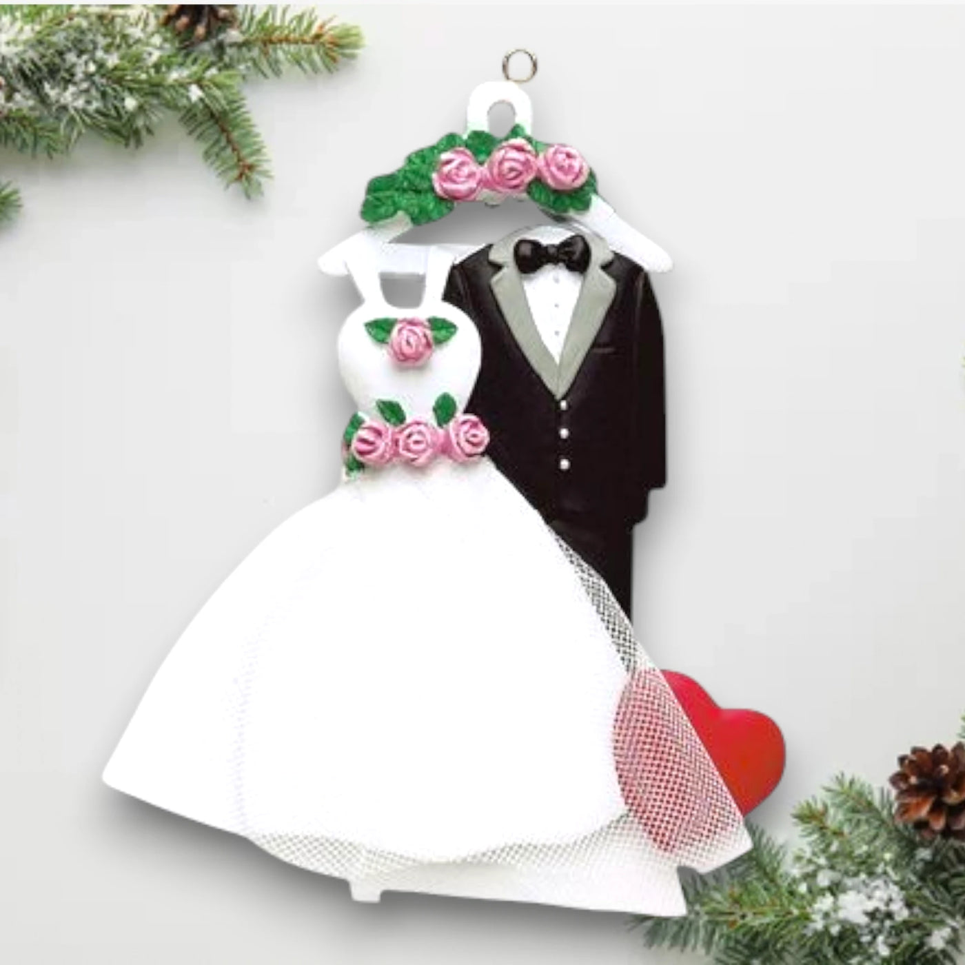 Personalized Wedding Attire Christmas Ornament featuring a wedding dress, tuxedo, and heart with customizable names and year.