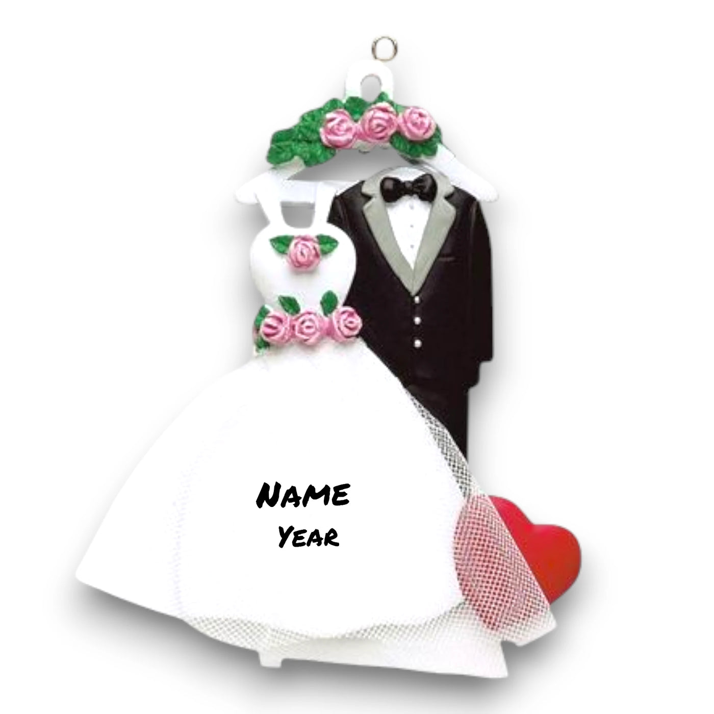 Personalized Wedding Attire Christmas Ornament featuring a wedding dress, tuxedo, and heart with customizable names and year.