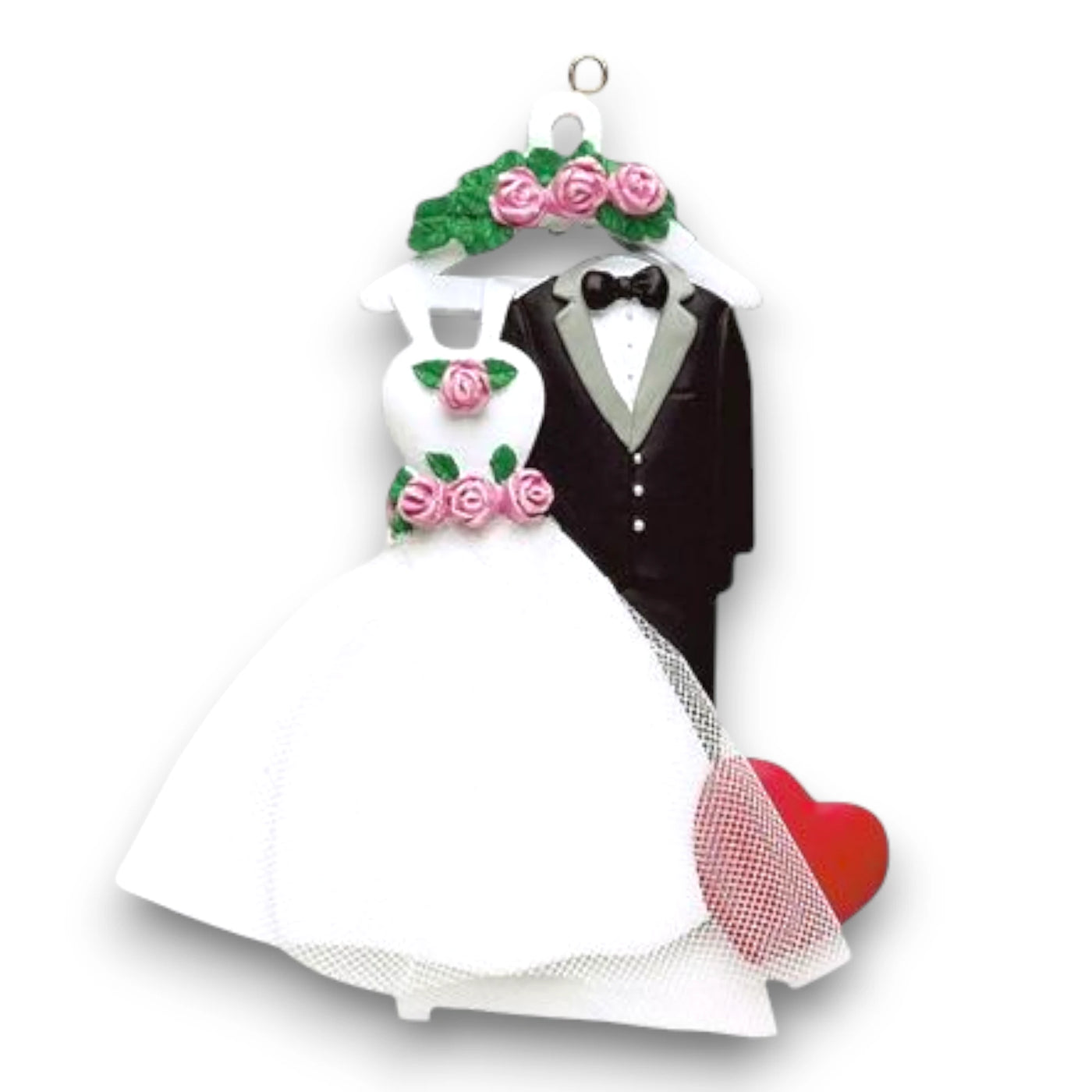 Personalized Wedding Attire Christmas Ornament featuring a wedding dress, tuxedo, and heart with customizable names and year.