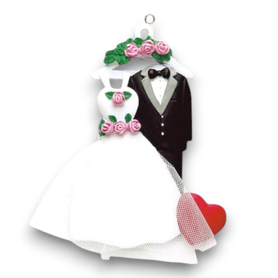 Personalized Wedding Attire Christmas Ornament featuring a wedding dress, tuxedo, and heart with customizable names and year.