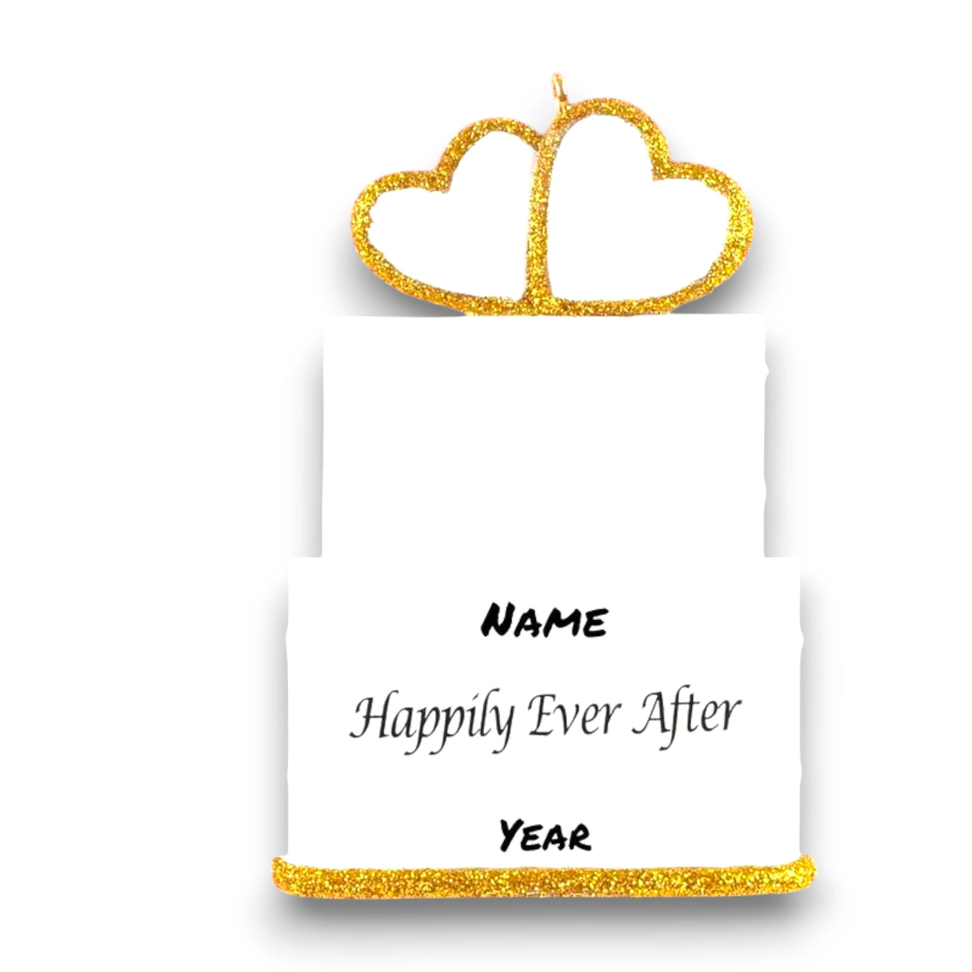 Personalized Wedding Cake Christmas Ornament featuring glittery gold hearts, a tiered cake design, and customizable names and wedding date.

