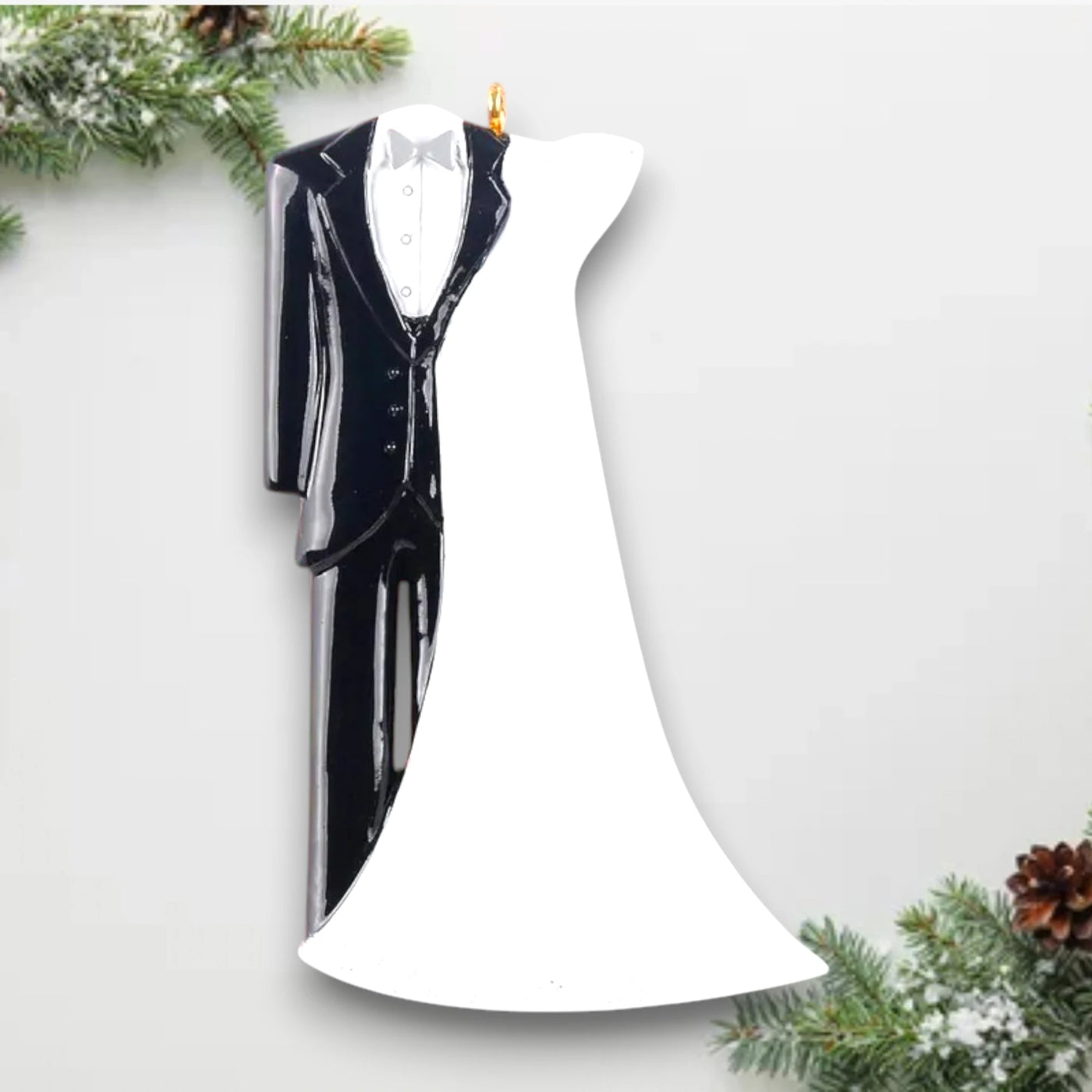 Personalized Wedding Day Christmas Ornament featuring a tuxedo and wedding gown design with customizable names and date.

