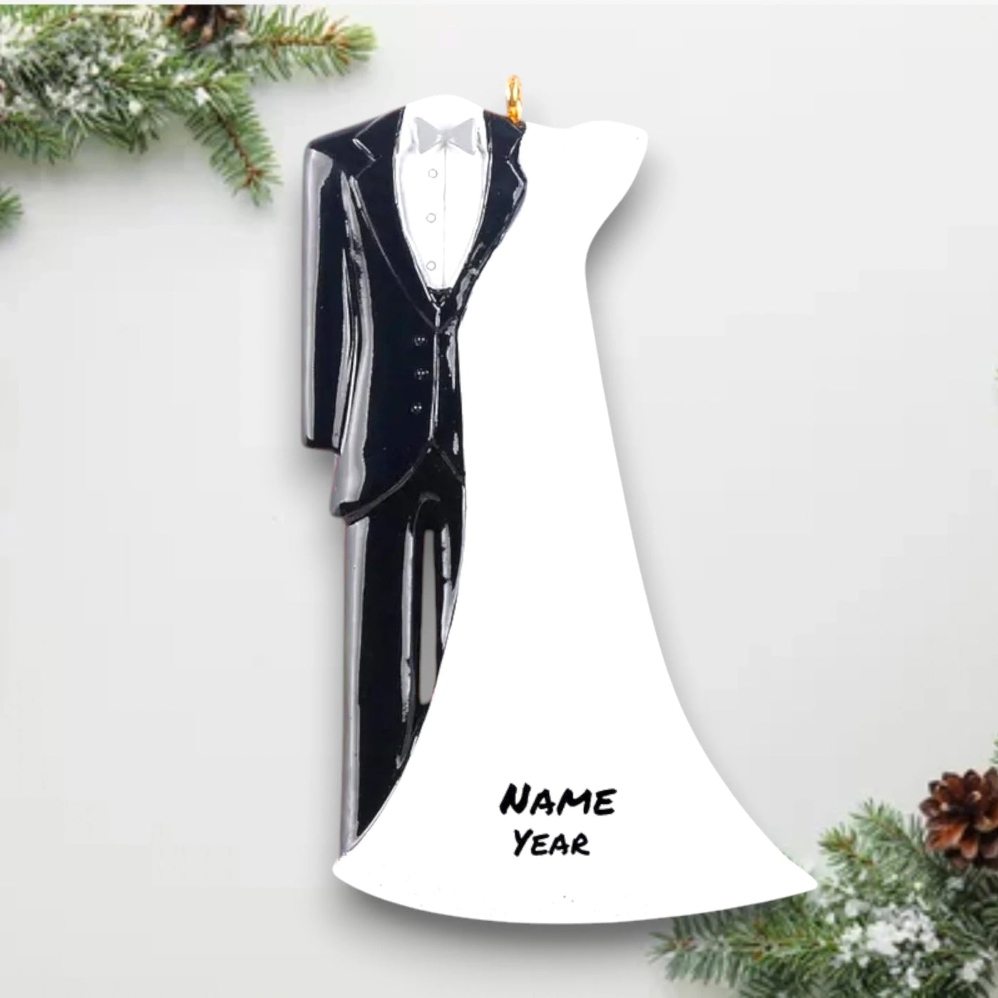 Personalized Wedding Day Christmas Ornament featuring a tuxedo and wedding gown design with customizable names and date.

