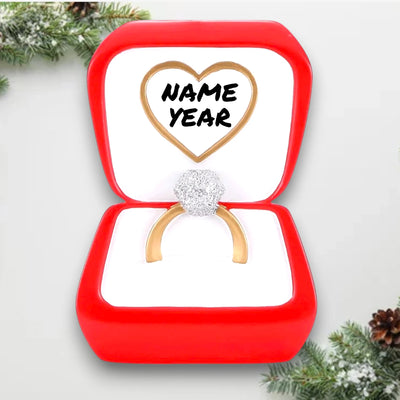 Personalized Wedding Ring Christmas Ornament with customizable names and year, featuring a diamond ring in a red ring box with heart detail.
