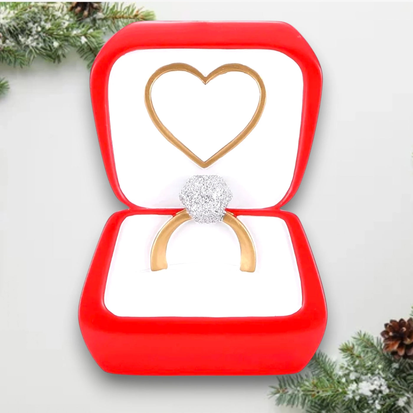 Personalized Wedding Ring Christmas Ornament with customizable names and year, featuring a diamond ring in a red ring box with heart detail.
