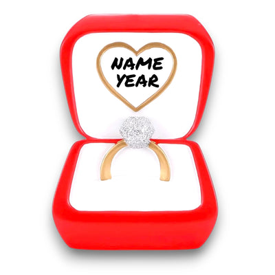 Personalized Wedding Ring Christmas Ornament with customizable names and year, featuring a diamond ring in a red ring box with heart detail.
