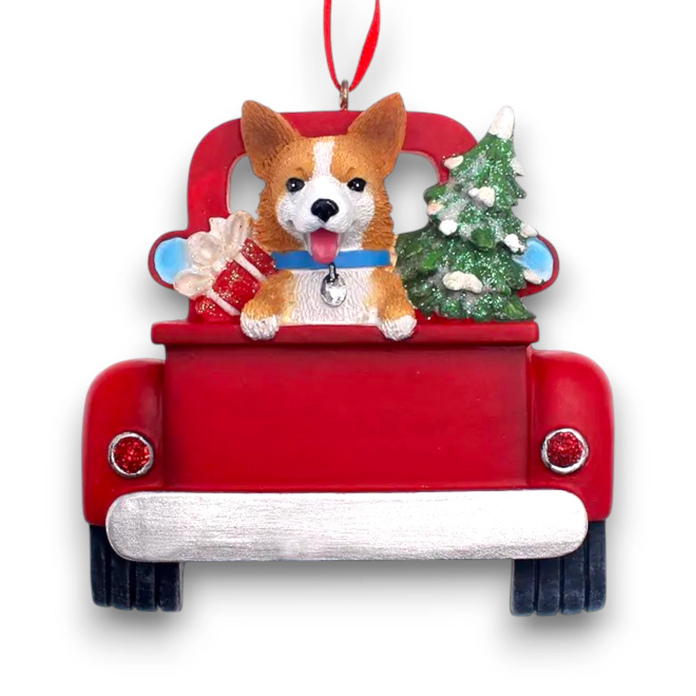 Personalized Welsh Corgi In Back Of Truck Christmas Ornament featuring a Welsh Corgi, Christmas tree, and presents in a red truck with customizable name and year.