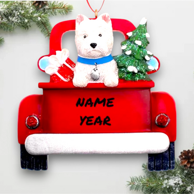 Personalized West Highland Terrier In Back Of Truck Christmas Ornament featuring a white Westie, a festive red truck, a Christmas tree, and a wrapped present, customizable with name and year.
