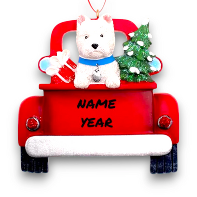 Personalized West Highland Terrier In Back Of Truck Christmas Ornament featuring a white Westie, a festive red truck, a Christmas tree, and a wrapped present, customizable with name and year.
