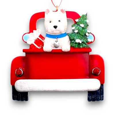 Personalized West Highland Terrier In Back Of Truck Christmas Ornament featuring a white Westie, a festive red truck, a Christmas tree, and a wrapped present, customizable with name and year.
