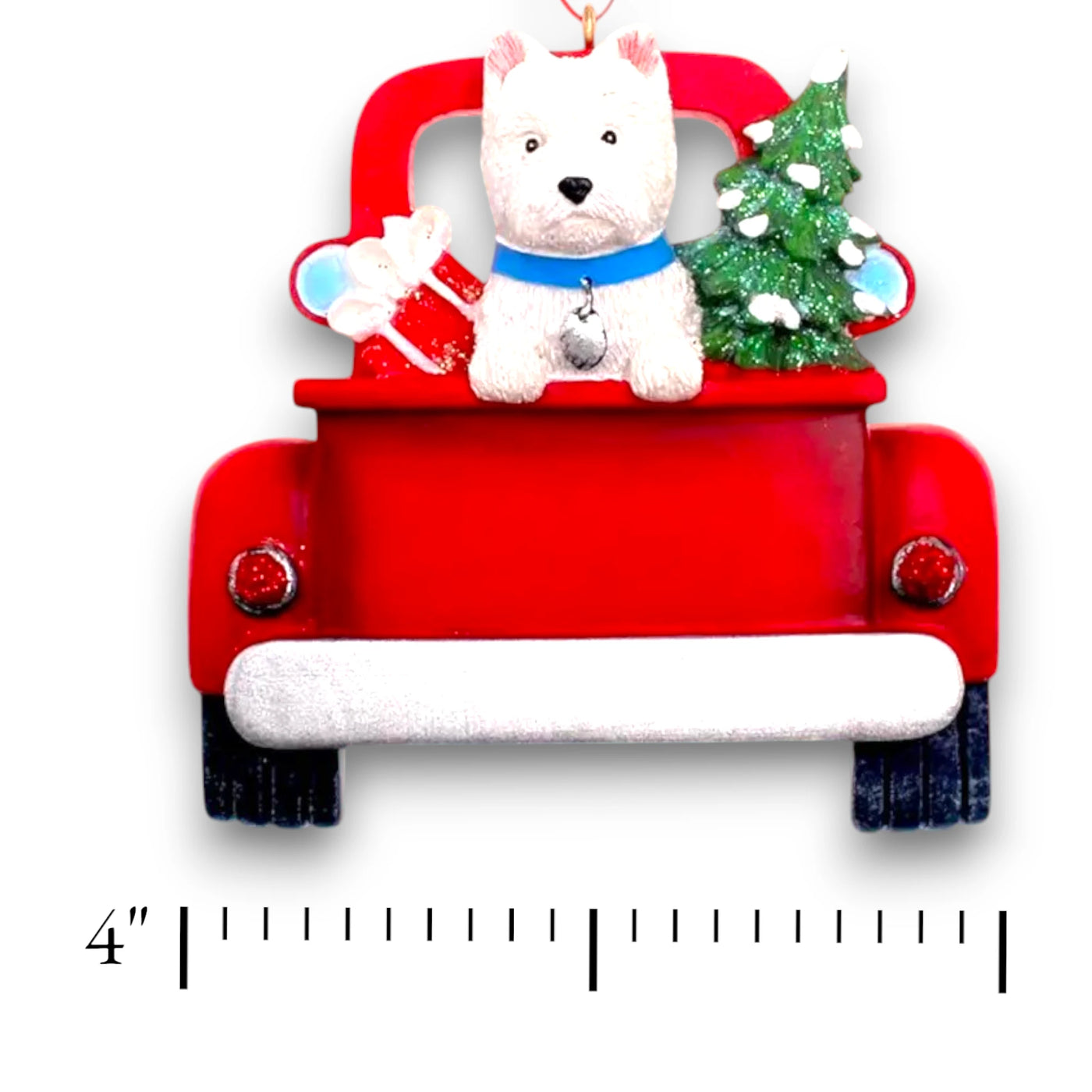 Personalized West Highland Terrier In Back Of Truck Christmas Ornament featuring a white Westie, a festive red truck, a Christmas tree, and a wrapped present, customizable with name and year.
