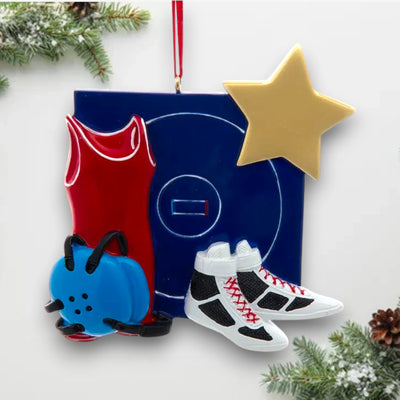 Personalized wrestling ornament featuring a red singlet, shoes, headgear, and wrestling mat with customizable name and year.