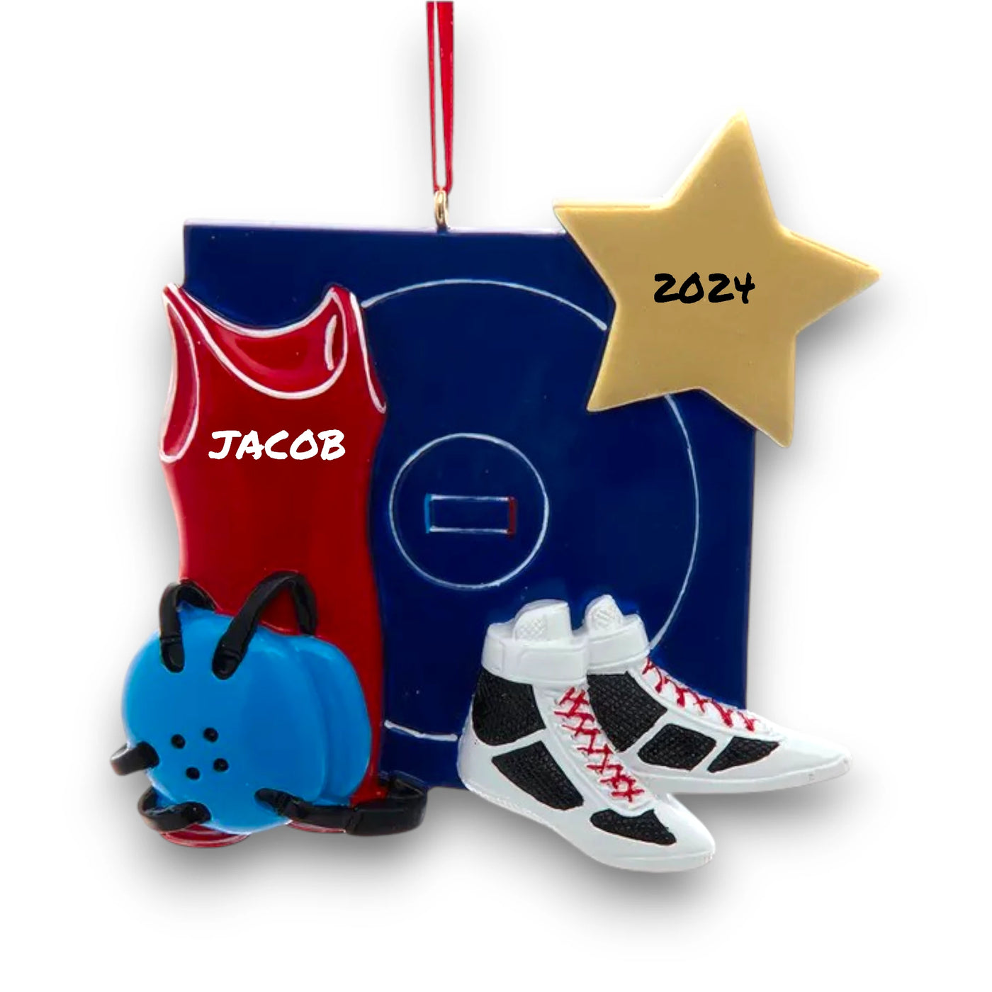 Personalized wrestling ornament featuring a red singlet, shoes, headgear, and wrestling mat with customizable name and year.