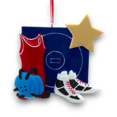 Personalized wrestling ornament featuring a red singlet, shoes, headgear, and wrestling mat with customizable name and year.