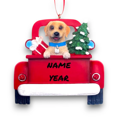 Personalized Yellow Labrador In Back Of Truck Christmas Ornament featuring a Yellow Labrador, festive Christmas tree, and holiday gifts in a red truck with customizable name and year.
