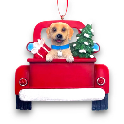 Personalized Yellow Labrador In Back Of Truck Christmas Ornament featuring a Yellow Labrador, festive Christmas tree, and holiday gifts in a red truck with customizable name and year.
