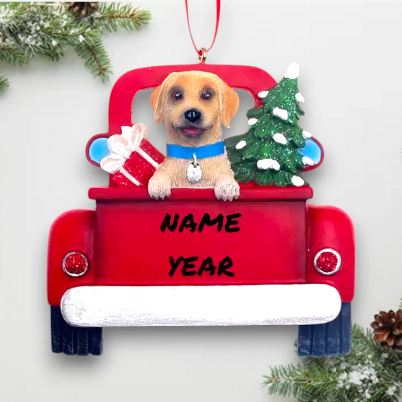 Personalized Yellow Labrador In Back Of Truck Christmas Ornament featuring a Yellow Labrador, festive Christmas tree, and holiday gifts in a red truck with customizable name and year.

