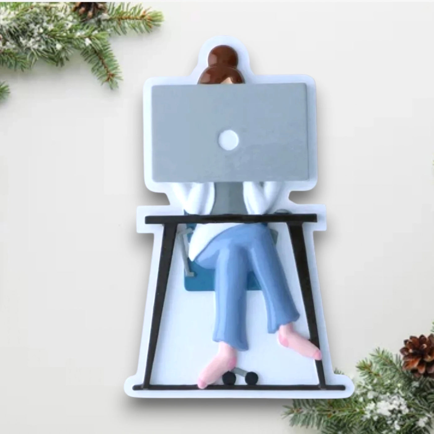 Personalized Zoom Call Female Christmas Ornament with customizable name and year, featuring a woman in front of a computer screen.